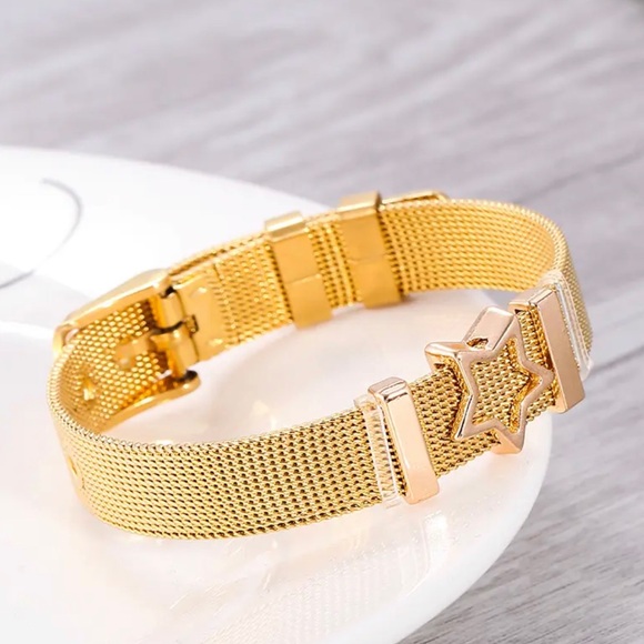 Gold Mesh Fine Wrist Bracelet with Star Charm - Picture 3 of 4